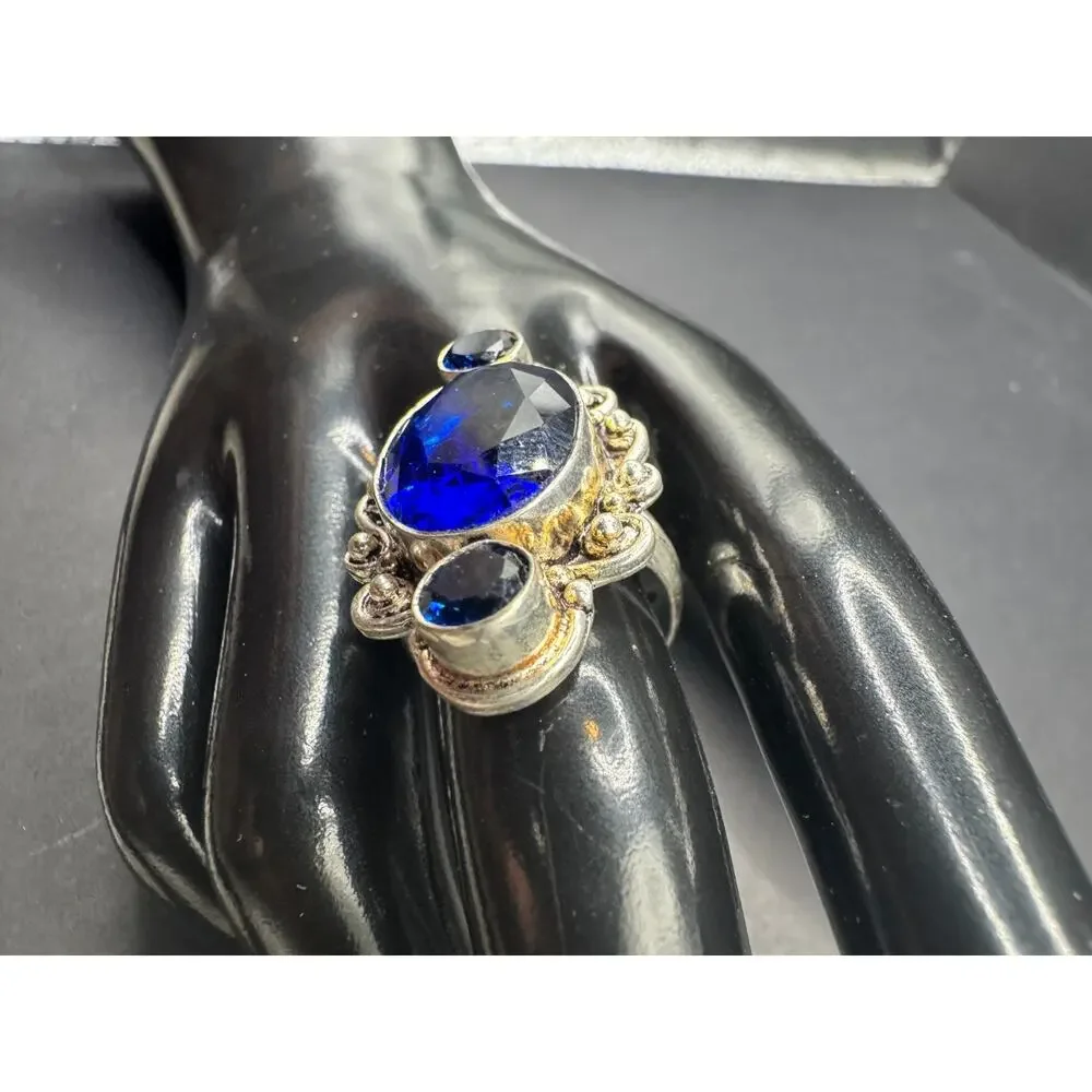 Vtg Blue Sapphire 925 Sterling Silver Jewelry Statement Cocktail Ring Sz 7.5